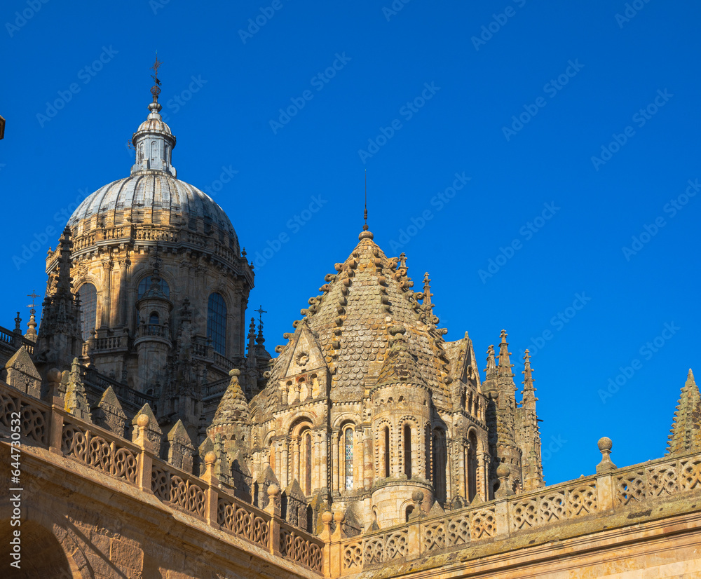 Low angle view of the Romanesque dome and capital of the old cathedral of Salamanca with the shadow of the capital on the dome. Castilla y León, Spain.