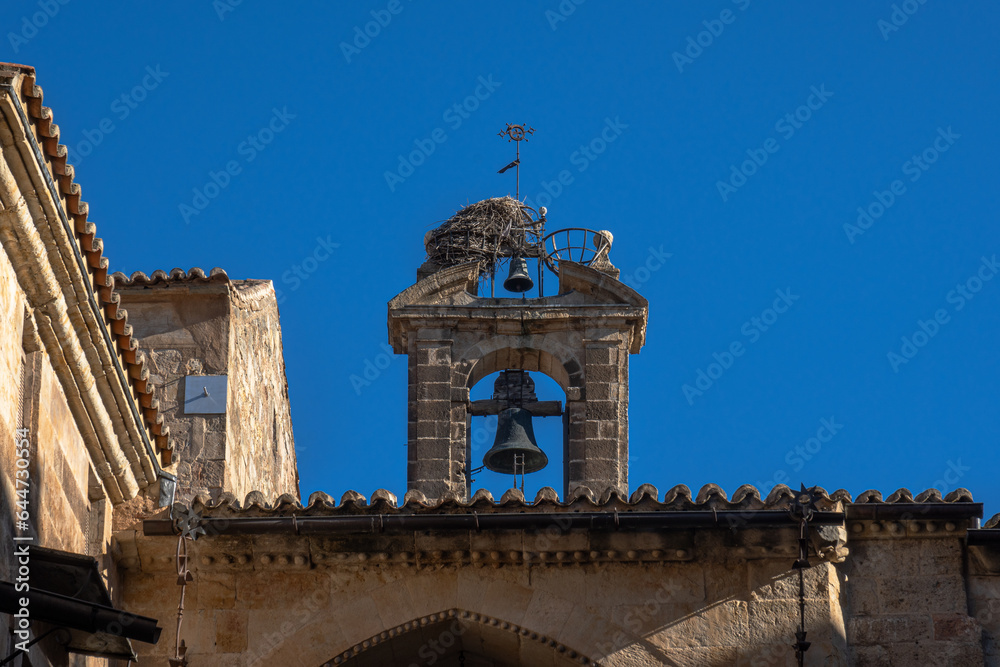 Obraz premium Stork's nest perched and built with branches above the bell tower and a small bell of the old cathedral of Salamanca with the tiled roofs outlined by the clear blue sky