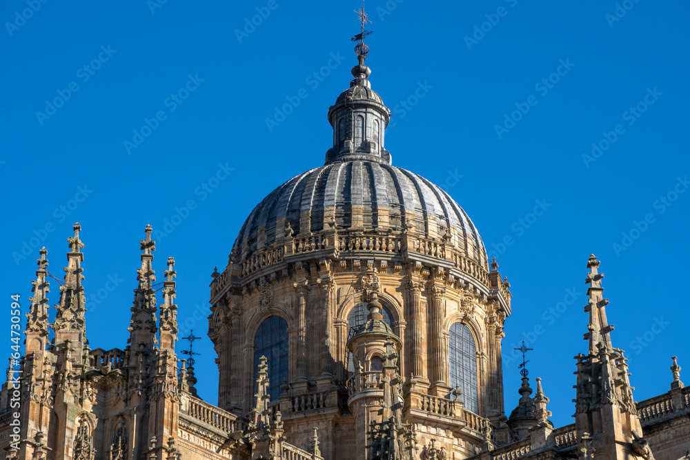 Low angle view of the Romanesque dome and capital of the ancient cathedral of Salamanca. Castilla y León, Spain.