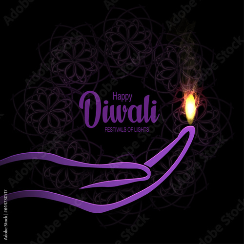 Hand silhouette, Indian festival Happy Diwali on purple background