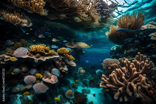 An intricate coral reef ecosystem beneath crystal-clear tropical waters. 