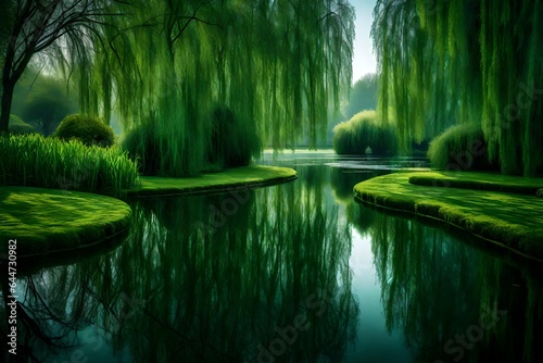 A serene pond surrounded by weeping willows, their branches gracefully touching the water's surface. 
