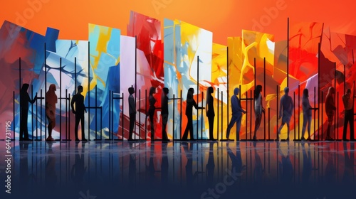 Abstract barriers separating diverse figures, illustrating the concept of societal obstacles