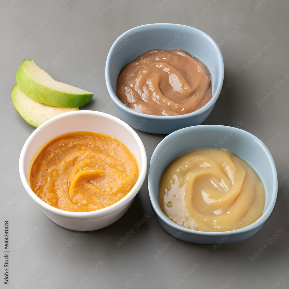 Bowls with baby food on grey background. Bowls with baby food on grey background.
