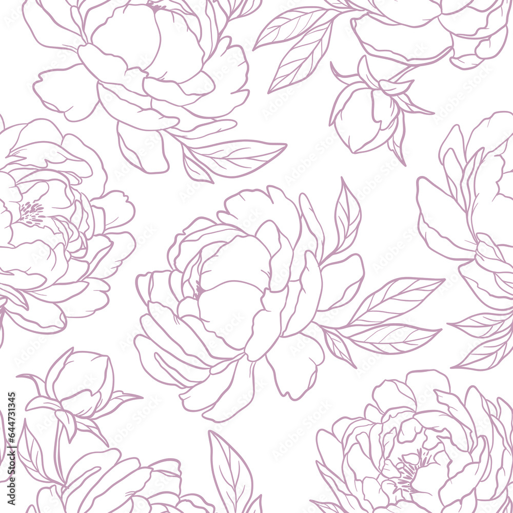 Floral seamless graphic pattern with violet peonies, leaves and branch. Perfect for wedding invitations, postcards, greeting, textile, packaging