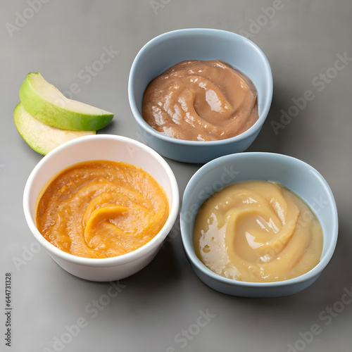 Bowls with baby food on grey background.