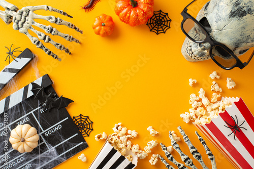 Experience hair-raising movie screening with Halloween cinema idea. Top view of haunting decoration: skeleton hand, skull in 3D glasses, popcorn and more, orange backdrop with frame for text or promo