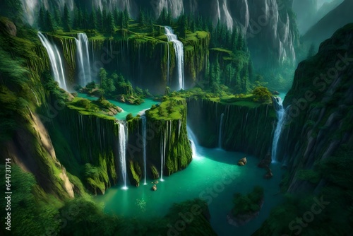 A cascading waterfall hidden deep within a lush  emerald canyon  untouched by civilization. 
