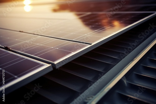 Generative ai closeup of solar panels are storing energy from the sun as renewable energy for a sustainable future.