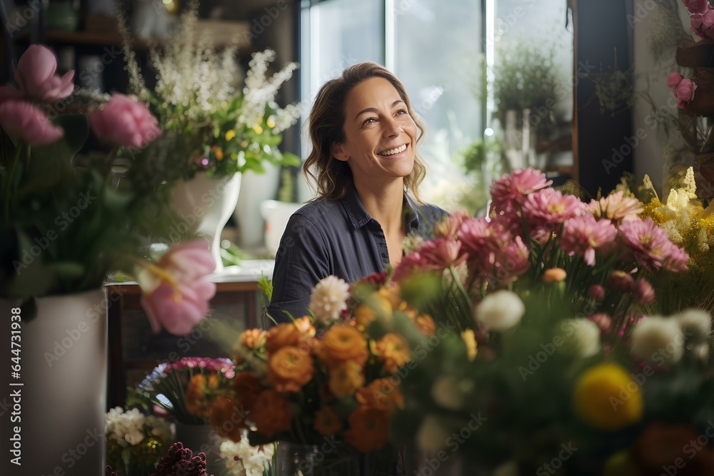 Happy flower shop owner smiling as she achieves success in her small business. concept of happiness in everyday life. generative AI