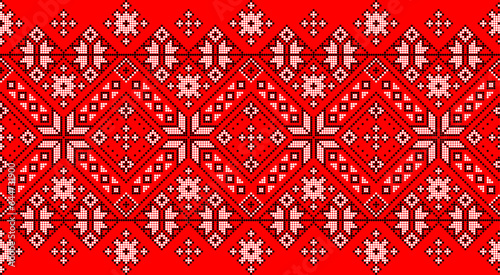 Vector illustration of Ukrainian ornament in ethnic style, identity, vyshyvanka, embroidery for print clothes, websites, banners. Background. Geometric design, border, copy space, frame