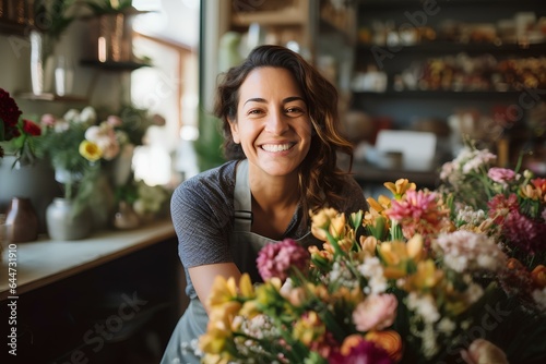 Happy flower shop owner smiling as she achieves success in her small business. concept of happiness in everyday life. generative AI