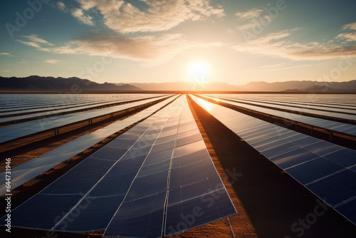 Generative ai arrays of solar panels are storing energy from the sun as renewable energy for a sustainable future. © P Stock