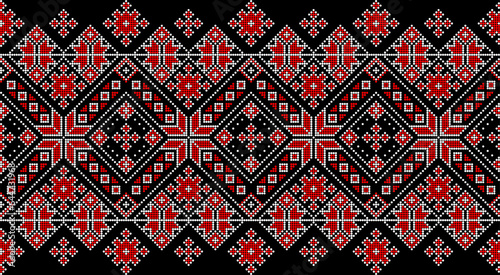 Vector illustration of Ukrainian ornament in ethnic style, identity, vyshyvanka, embroidery for print clothes, websites, banners. Background. Geometric design, border, copy space, frame