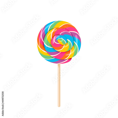 Colorful rainbow lollipop on wooden stick. Vector cartoon flat illustration of swirl round candy.