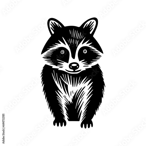 Hand carved bold block print raccoon in linocut style, textured silhouette childish vector illustration, isolated on white.