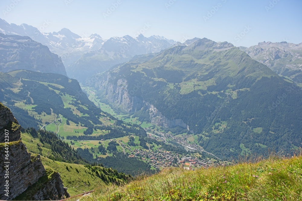 landscape in switzerland, view from the Mannlichen, a 2342 m above sea level. M. high mountain in the Lauterbrunnen valley. 