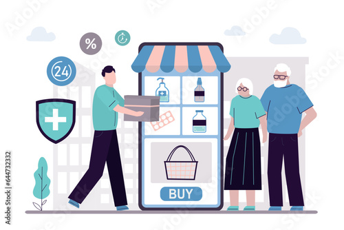 Male courier delivers medications for elderly couple. App for delivering drugs on phone screen. Medical shopping concept, fast delivery. Old people uses online pharmacy.