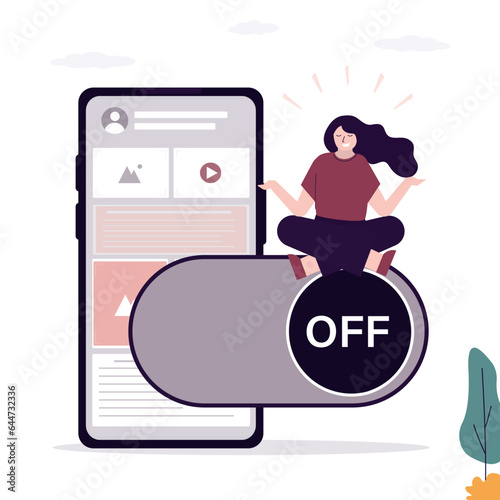Large off button on screen of mobile phone. Digital detox, happy woman turned off smartphone and meditates in lotus position. Freedom from digital addiction. tech free.