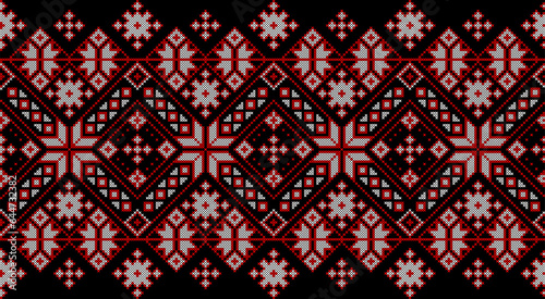 Vector illustration of Ukrainian ornament in ethnic style, identity, vyshyvanka, embroidery for print clothes, websites, banners. Background. Geometric design, border, copy space, frame