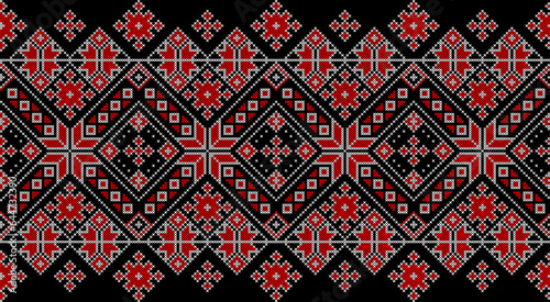 Vector illustration of Ukrainian ornament in ethnic style, identity, vyshyvanka, embroidery for print clothes, websites, banners. Background. Geometric design, border, copy space, frame