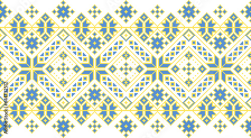 Vector illustration of Ukrainian ornament in ethnic style, identity, vyshyvanka, embroidery for print clothes, websites, banners. Background. Geometric design, border, copy space, frame