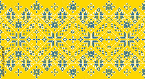 Vector illustration of Ukrainian ornament in ethnic style, identity, vyshyvanka, embroidery for print clothes, websites, banners. Background. Geometric design, border, copy space, frame