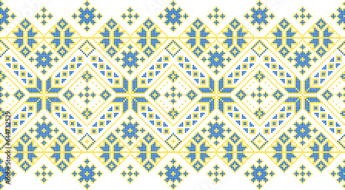 Vector illustration of Ukrainian ornament in ethnic style, identity, vyshyvanka, embroidery for print clothes, websites, banners. Background. Geometric design, border, copy space, frame