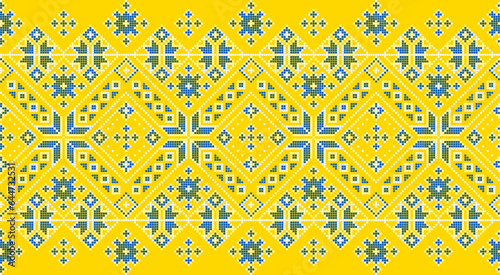Vector illustration of Ukrainian ornament in ethnic style, identity, vyshyvanka, embroidery for print clothes, websites, banners. Background. Geometric design, border, copy space, frame