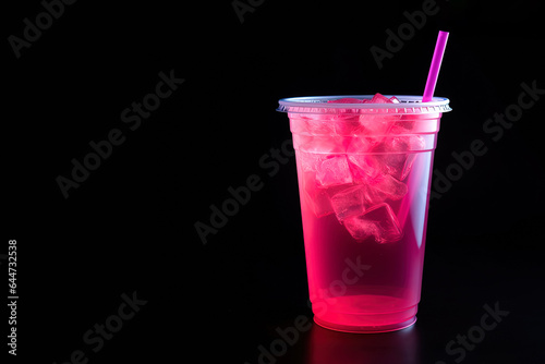 Pink drink in plastic cup isolated on black background. Take away drinks concept with copy space