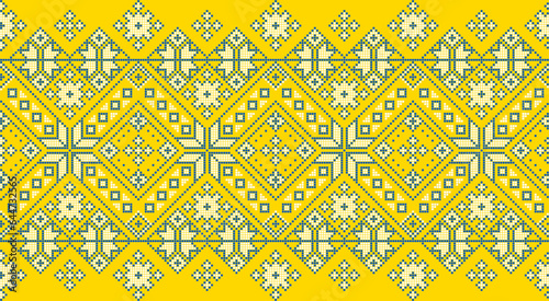 Vector illustration of Ukrainian ornament in ethnic style, identity, vyshyvanka, embroidery for print clothes, websites, banners. Background. Geometric design, border, copy space, frame