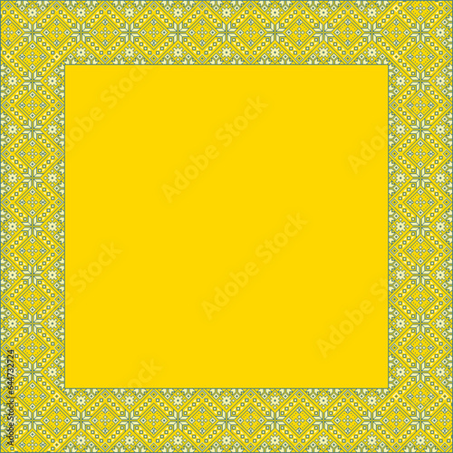 Vector illustration of Ukrainian ornament in ethnic style, identity, vyshyvanka, embroidery for print clothes, websites, banners. Background. Geometric design, border, copy space, frame