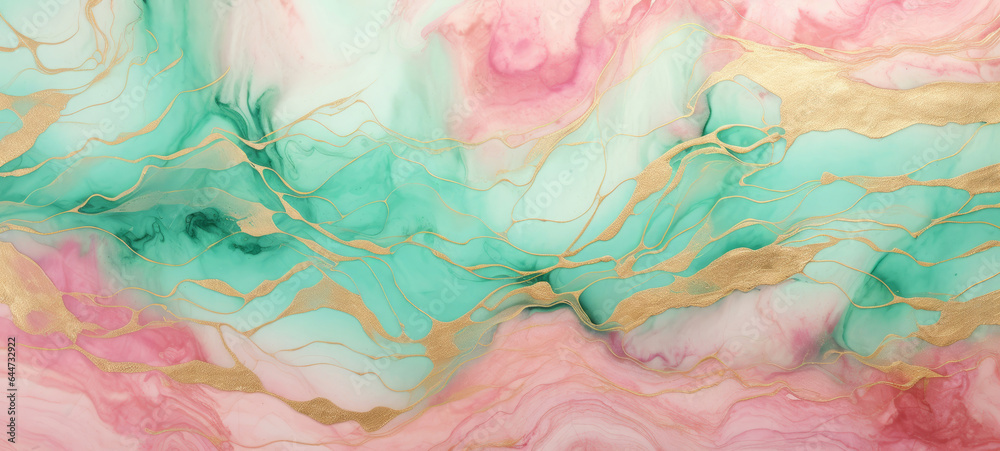 Abstract marble marbled marble stone ink painted painting texture luxury background banner - Green pink waves swirls gold painted splashes lines