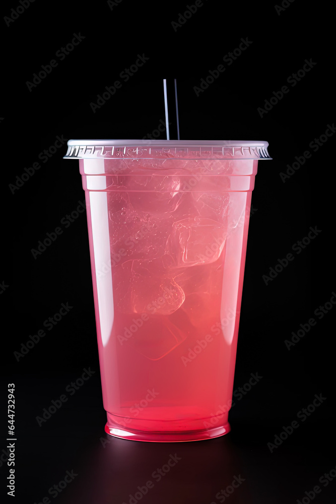 Pink drink in plastic cup isolated on black background. Take away drinks concept Pink drink in plastic cup isolated on black background. Take away drinks concept