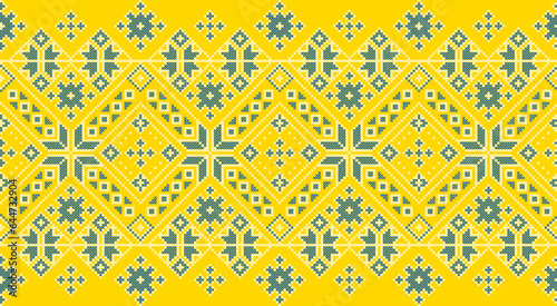 Vector illustration of Ukrainian ornament in ethnic style, identity, vyshyvanka, embroidery for print clothes, websites, banners. Background. Geometric design, border, copy space, frame