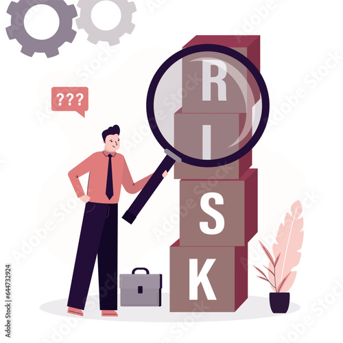 Confident investor or businessman research financial risks. High risk high return stock market investments. Trade off of risky investment asset rewarding growth return.