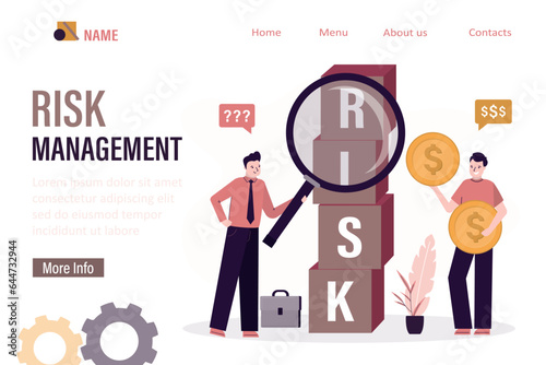 Risk management, landing page template. Confident investors research financial risks. High risk high return stock market investments. Analysis of trading strategies