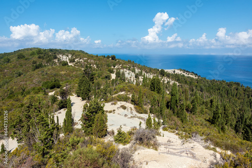 Stunning view down to the sea and the surrounding area from top of the mountain in Ereikoussa island, Greece