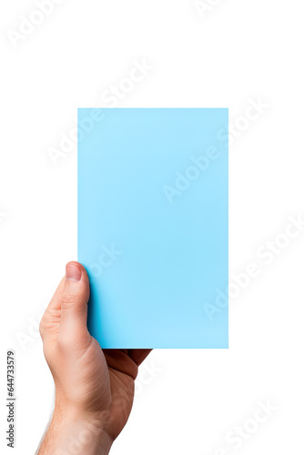 A human hand holding a blank sheet of blue paper or card isolated on white background