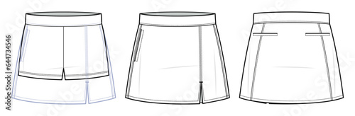 Tennis skirts technical fashion illustration. Tennis skirts fashion flat technical drawing template, elastic waist, welt pockets, front, inner, and back view, white, teens, women, CAD mockup set