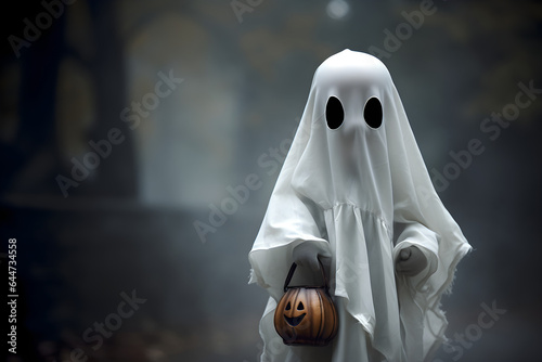 studio portrait of a little boy wearing halloween ghost costume
