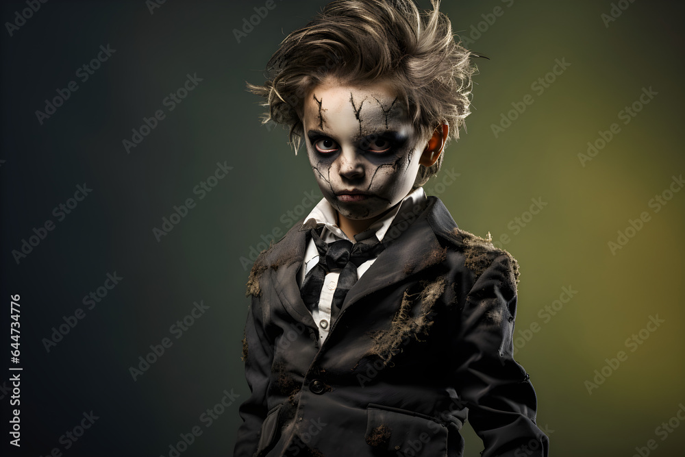 studio portrait of a little boy wearing halloween zombie costume