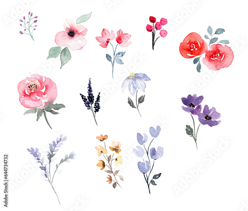 Fototapeta Naklejka Na Ścianę i Meble -  handgemalte Watercolor Blumen-Elemente in Rosa, Pink und Lila