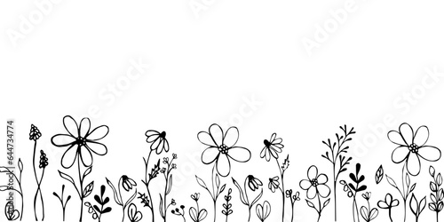 Border or frame of hand drawn flowers and herbs on a white background. Decorative frame for printing on fabric, ribbons and paper.