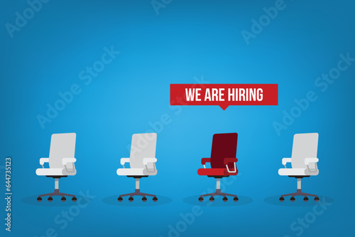 We are hiring, recruiting concept, resources job employment career jobless interview, chairs isolated on background.