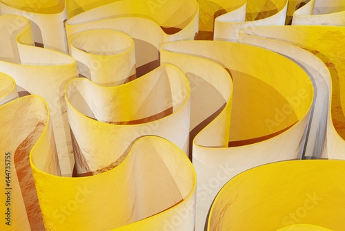 Abstract yellow background made of smooth curves of fabric and textured paper. The basis for an advertising poster, a background for illustrations. 3D rendering