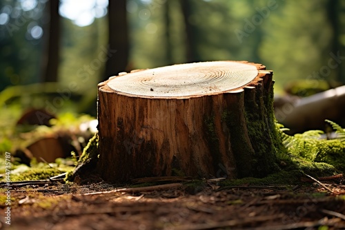Wooden stump cut saw in the forest with blur background