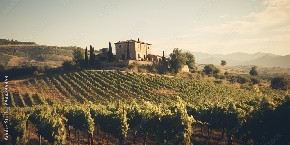 Generative AI, beautiful Italian vineyard, green landscape. Rows of vines on sunset	