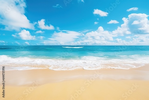 Tropical summer beach background with golden sand, turquoise ocean and blue sky with white clouds © JetHuynh