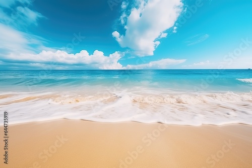 Tropical summer beach background with golden sand  turquoise ocean and blue sky with white clouds